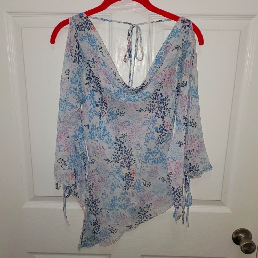 Y2K FLORAL COW NECK OPEN ARM BELL WING SLEEVE SHEER ASYMMETRICAL TOP SIZE XS